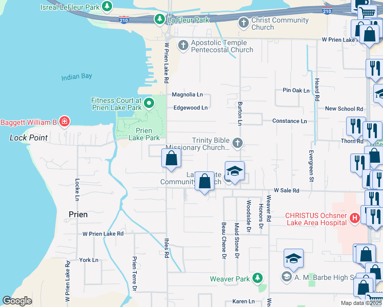 map of restaurants, bars, coffee shops, grocery stores, and more near 36 Kandy Lane in Lake Charles
