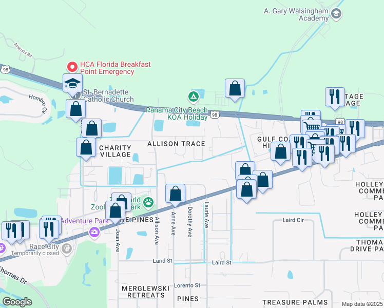 map of restaurants, bars, coffee shops, grocery stores, and more near 1636 Acre Circle in Panama City Beach