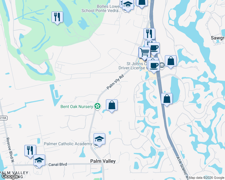 map of restaurants, bars, coffee shops, grocery stores, and more near 225 Woody Creek Drive in Ponte Vedra Beach