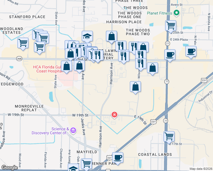 map of restaurants, bars, coffee shops, grocery stores, and more near 2121 Harrison Avenue in Panama City