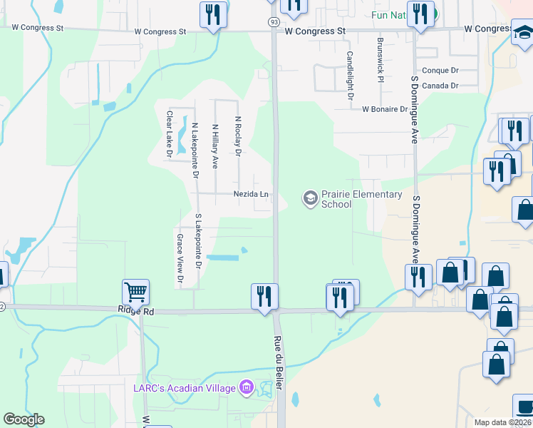 map of restaurants, bars, coffee shops, grocery stores, and more near 114 Millie Park Drive in Lafayette