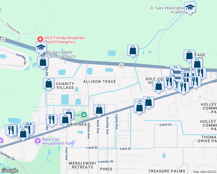map of restaurants, bars, coffee shops, grocery stores, and more near 1636 Acre Circle in Panama City Beach