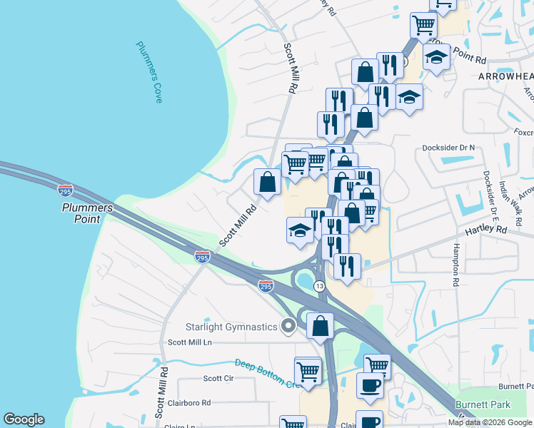 map of restaurants, bars, coffee shops, grocery stores, and more near 3015 Hartley Road in Jacksonville
