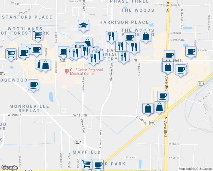 map of restaurants, bars, coffee shops, grocery stores, and more near 2121 Harrison Avenue in Panama City