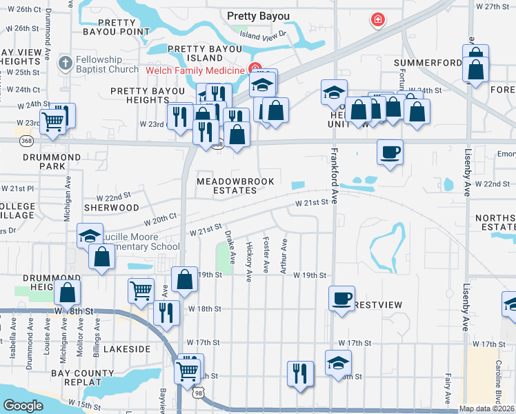 map of restaurants, bars, coffee shops, grocery stores, and more near 2504 West 21st Street in Panama City