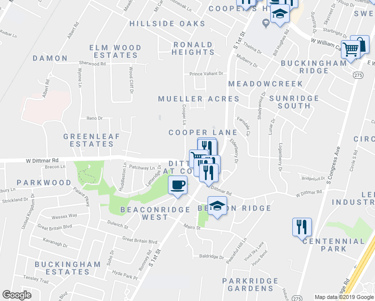 map of restaurants, bars, coffee shops, grocery stores, and more near 7804 Cooper Lane in Austin