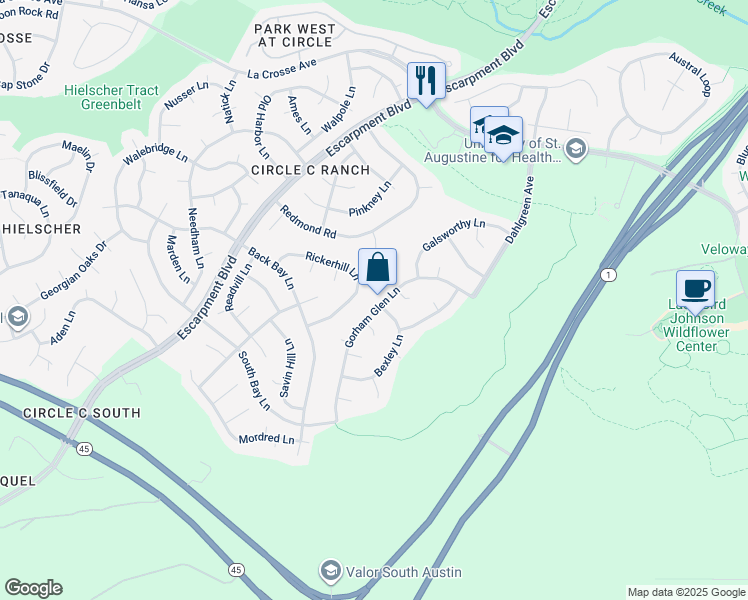 map of restaurants, bars, coffee shops, grocery stores, and more near 5760 Gorham Glen Lane in Austin