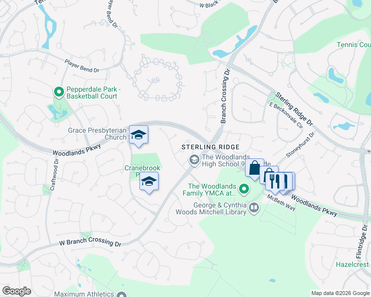 map of restaurants, bars, coffee shops, grocery stores, and more near 2 Scenic Brook Court in Spring