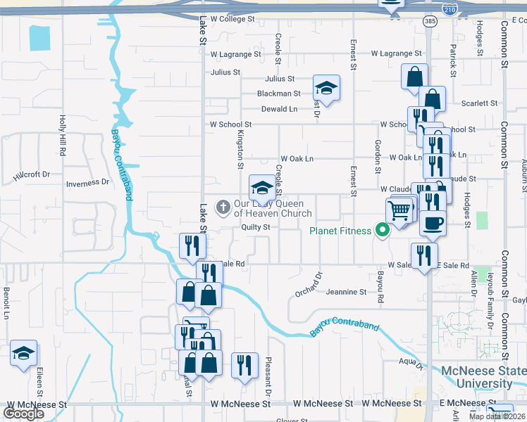 map of restaurants, bars, coffee shops, grocery stores, and more near 3908 Creole Street in Lake Charles