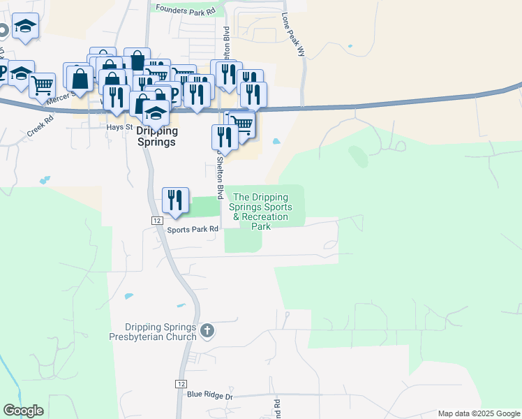 map of restaurants, bars, coffee shops, grocery stores, and more near 370 Sports Park Road in Dripping Springs