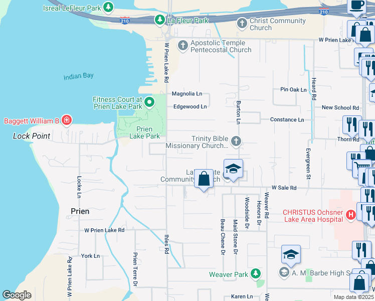 map of restaurants, bars, coffee shops, grocery stores, and more near 36 Kandy Lane in Lake Charles