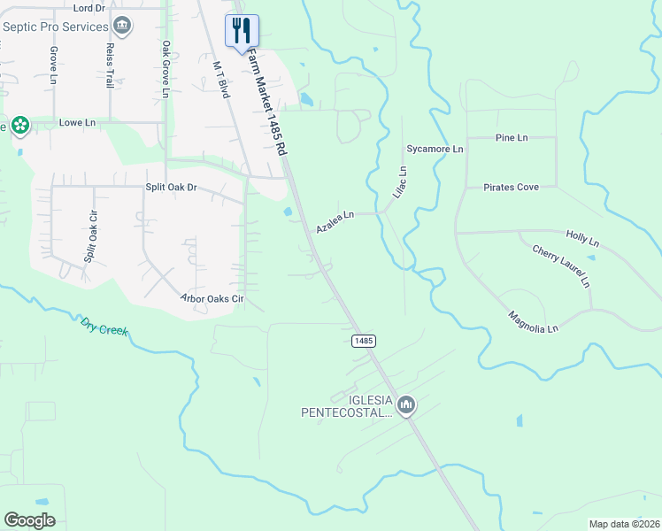 map of restaurants, bars, coffee shops, grocery stores, and more near 18035 Farm to Market 1485 in New Caney