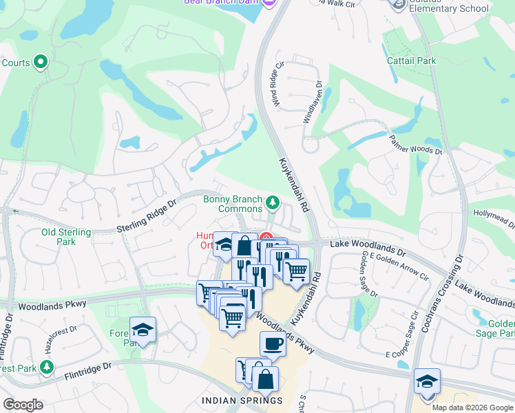 map of restaurants, bars, coffee shops, grocery stores, and more near 151 Hansom Trail Street in Spring