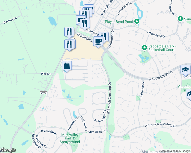 map of restaurants, bars, coffee shops, grocery stores, and more near 2 Aquiline Oaks Place in The Woodlands