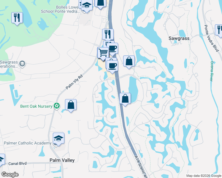 map of restaurants, bars, coffee shops, grocery stores, and more near 801 Tournament Road in Ponte Vedra Beach