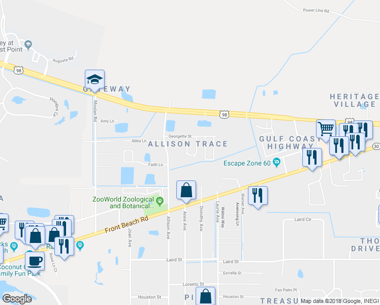 map of restaurants, bars, coffee shops, grocery stores, and more near 1625 Vecuna Circle in Panama City Beach