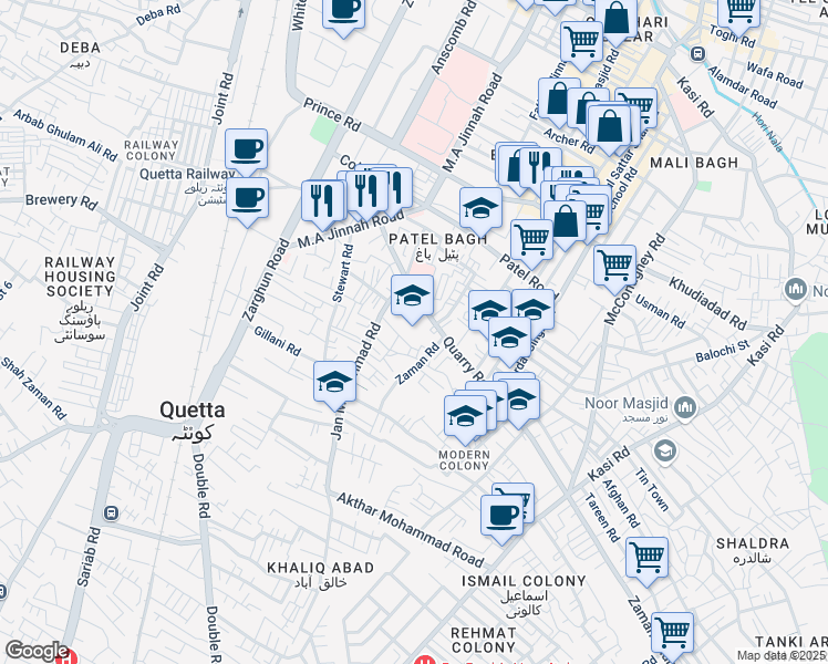 map of restaurants, bars, coffee shops, grocery stores, and more near Kawari Road in Quetta