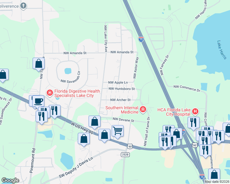 map of restaurants, bars, coffee shops, grocery stores, and more near 3825 Northwest Archer Street in Lake City
