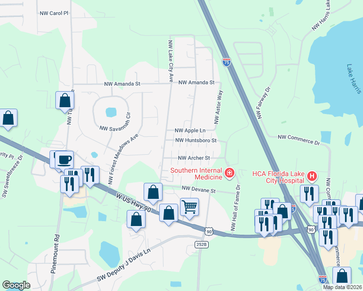 map of restaurants, bars, coffee shops, grocery stores, and more near 3825 Northwest Archer Street in Lake City