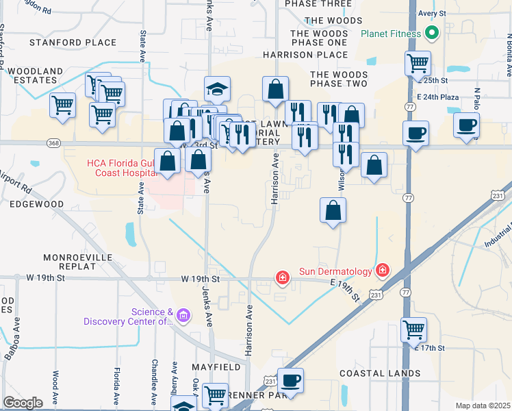 map of restaurants, bars, coffee shops, grocery stores, and more near 2121 Harrison Avenue in Panama City