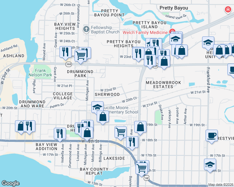 map of restaurants, bars, coffee shops, grocery stores, and more near 3105 West 21st Court in Panama City