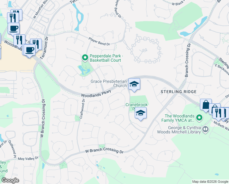 map of restaurants, bars, coffee shops, grocery stores, and more near 51 North Queenscliff Circle in Spring