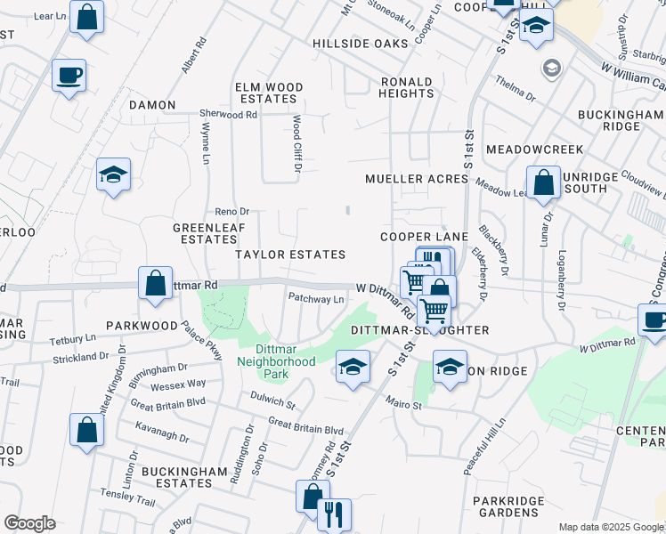 map of restaurants, bars, coffee shops, grocery stores, and more near 702 Marc Taylor Drive in Austin