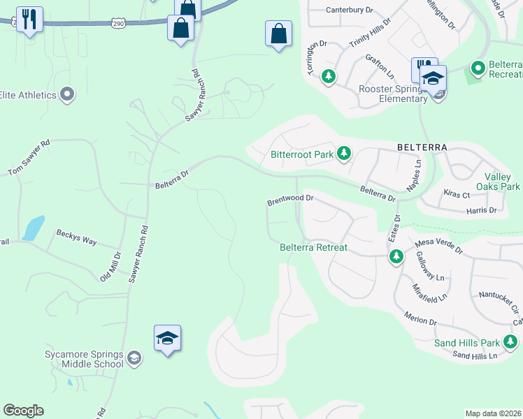 map of restaurants, bars, coffee shops, grocery stores, and more near 506 Brentwood Drive in Austin