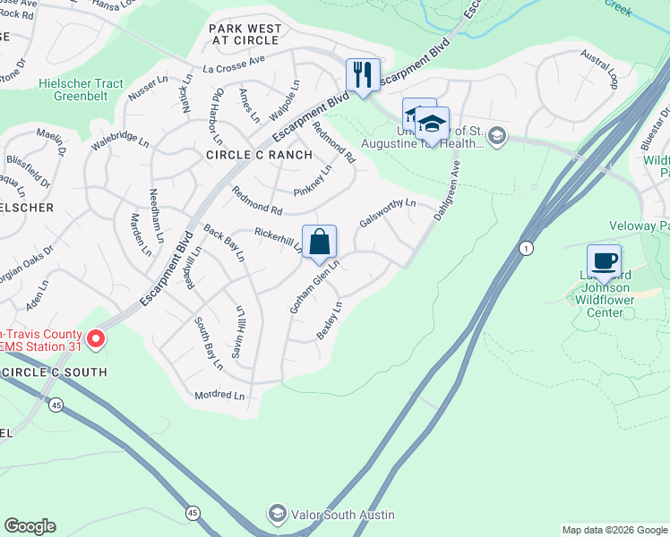 map of restaurants, bars, coffee shops, grocery stores, and more near 10916 Palgrave Court in Austin