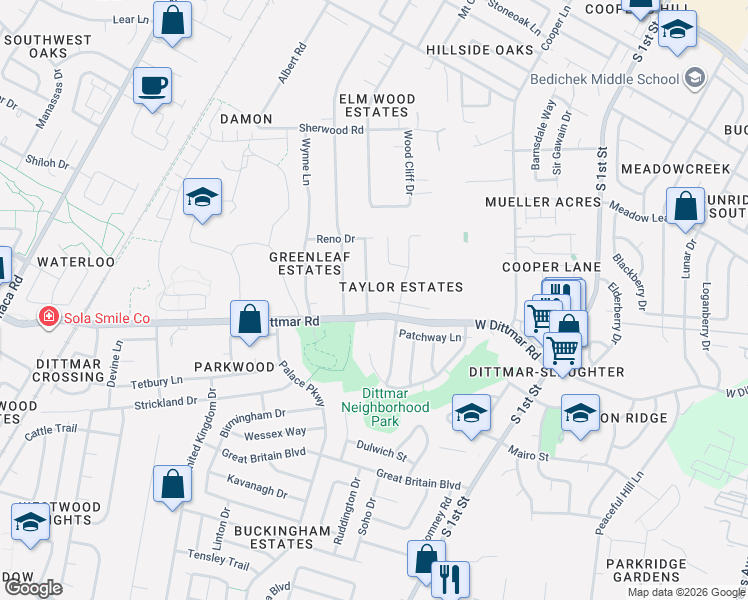 map of restaurants, bars, coffee shops, grocery stores, and more near 8007 Persimmon Trail in Austin