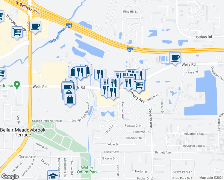 map of restaurants, bars, coffee shops, grocery stores, and more near 1754 Wells Road in Orange Park