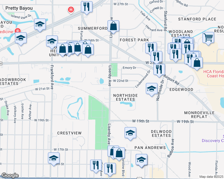 map of restaurants, bars, coffee shops, grocery stores, and more near 1613 Lindenwood Drive in Panama City