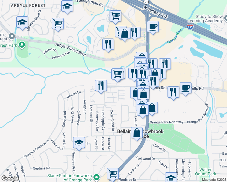 map of restaurants, bars, coffee shops, grocery stores, and more near 2020 Wells Road in Orange Park