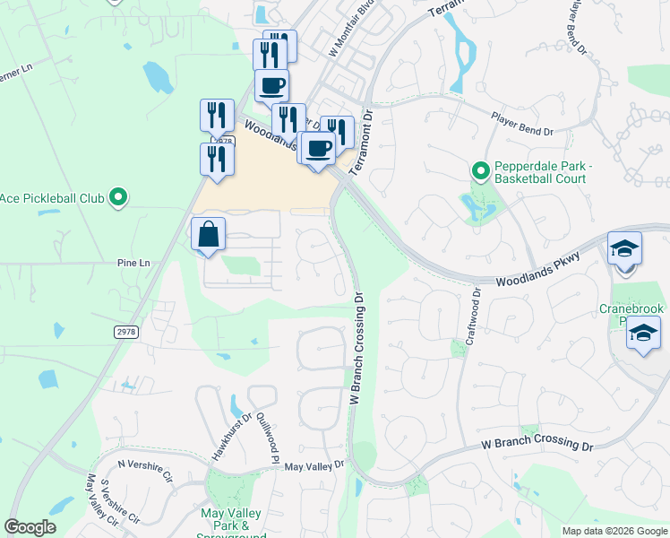 map of restaurants, bars, coffee shops, grocery stores, and more near 2 Aquiline Oaks Place in The Woodlands