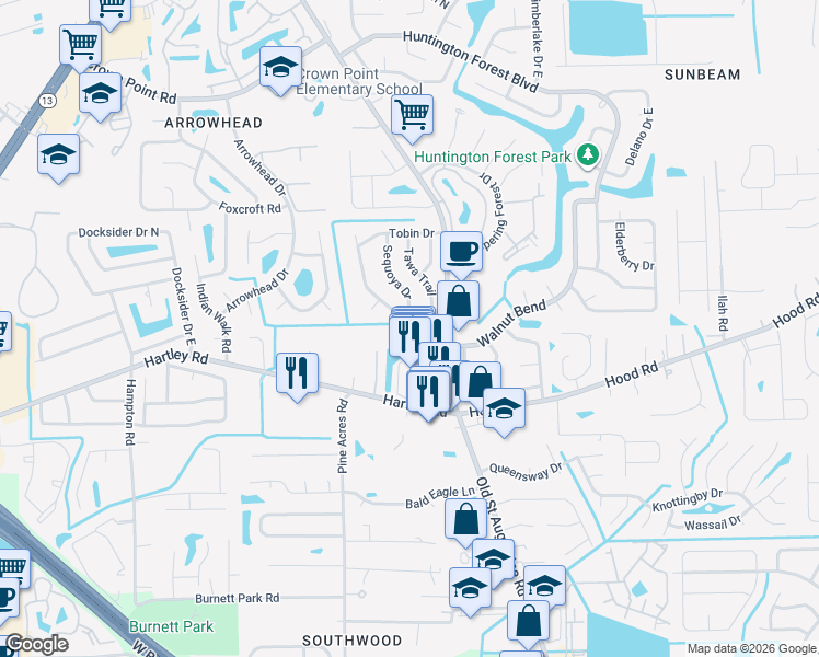 map of restaurants, bars, coffee shops, grocery stores, and more near 4175 Empower Court in Jacksonville