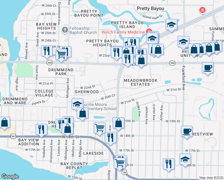 map of restaurants, bars, coffee shops, grocery stores, and more near 3008 West 20th Court in Panama City