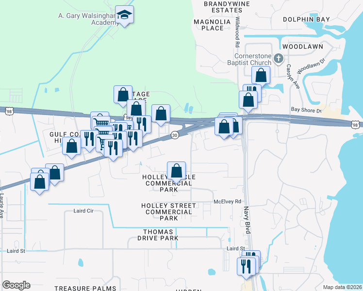 map of restaurants, bars, coffee shops, grocery stores, and more near 7103 US Highway 98 in Panama City Beach