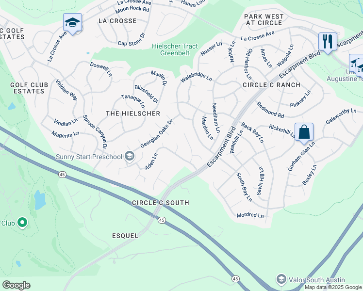 map of restaurants, bars, coffee shops, grocery stores, and more near 6426 Aden Lane in Austin