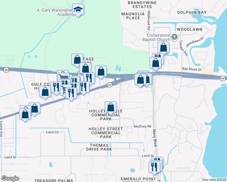 map of restaurants, bars, coffee shops, grocery stores, and more near 7103 US Highway 98 in Panama City Beach