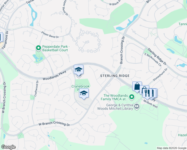 map of restaurants, bars, coffee shops, grocery stores, and more near 87 Ledgestone Place in Spring