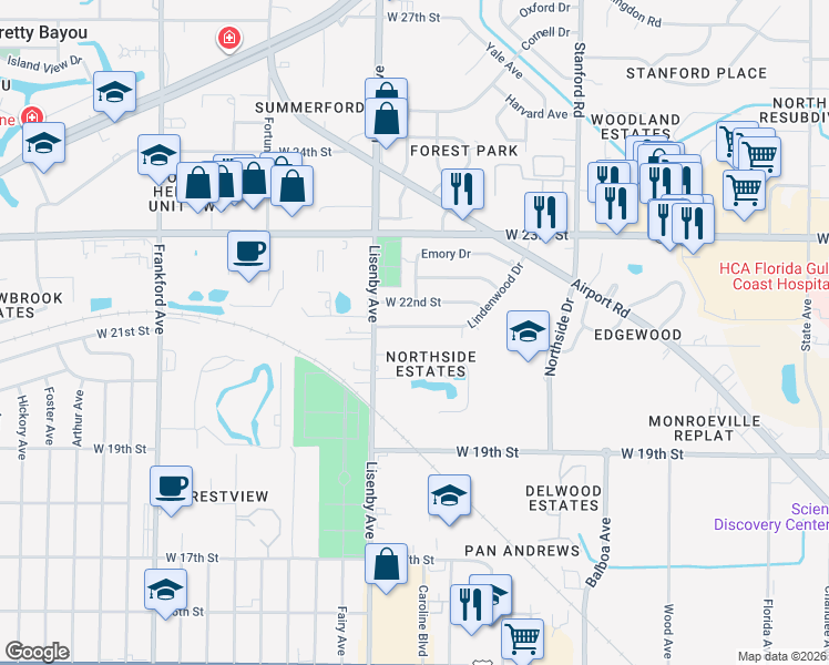 map of restaurants, bars, coffee shops, grocery stores, and more near 1603 Lindenwood Drive in Panama City