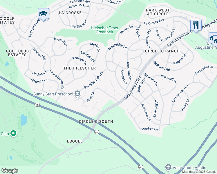 map of restaurants, bars, coffee shops, grocery stores, and more near 6426 Aden Lane in Austin