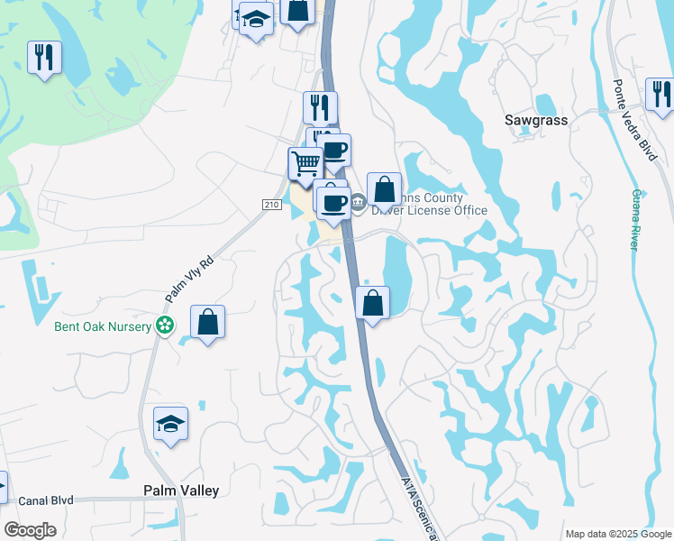 map of restaurants, bars, coffee shops, grocery stores, and more near 800 Tournament Road in Ponte Vedra Beach