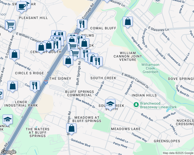 map of restaurants, bars, coffee shops, grocery stores, and more near 34 Westwood Circle in Austin
