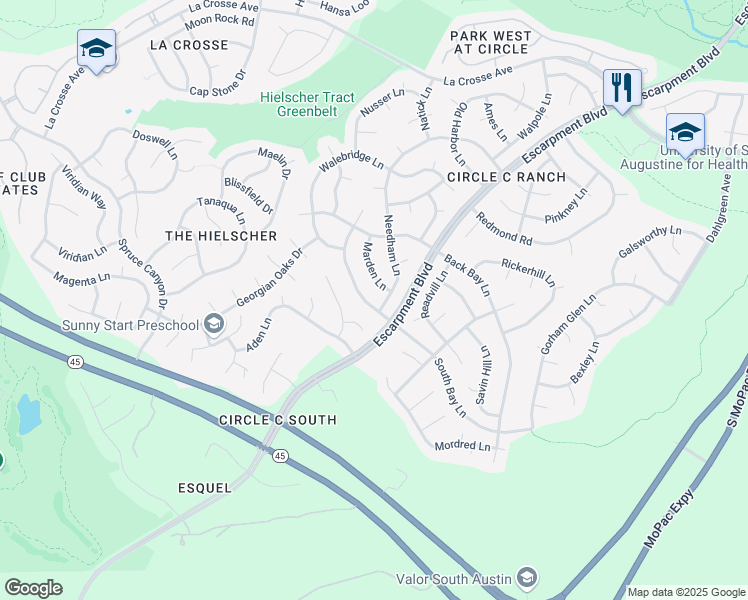 map of restaurants, bars, coffee shops, grocery stores, and more near 11227 South Bay Lane in Austin
