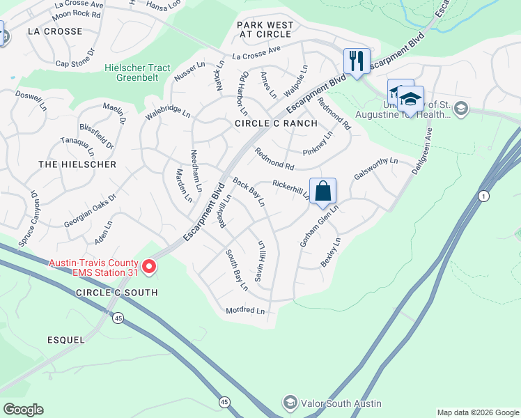 map of restaurants, bars, coffee shops, grocery stores, and more near 6101 Skahan Lane in Austin