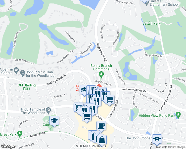 map of restaurants, bars, coffee shops, grocery stores, and more near 138 Hansom Trail Street in Spring