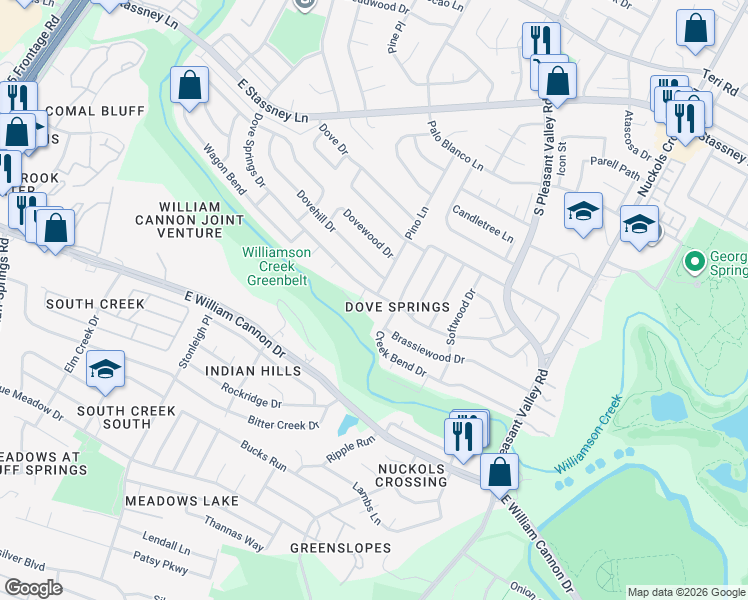 map of restaurants, bars, coffee shops, grocery stores, and more near 4523 Creek Bend Drive in Austin
