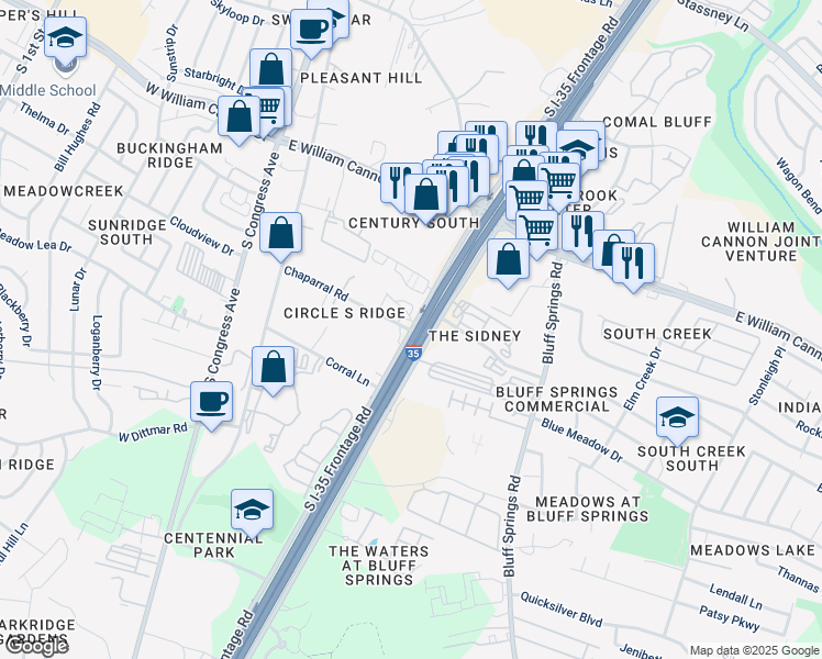 map of restaurants, bars, coffee shops, grocery stores, and more near 7009 South Interstate 35 Frontage Road in Austin