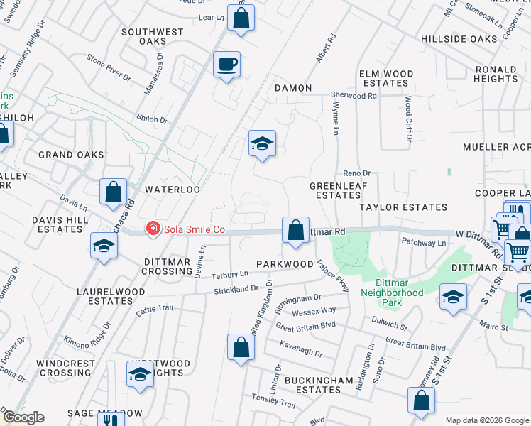 map of restaurants, bars, coffee shops, grocery stores, and more near 1200 West Dittmar Road in Austin